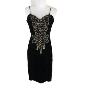 Black Velvet Evening Sheath Dress Above Knee Length Sleeveless Embellished Sz 9